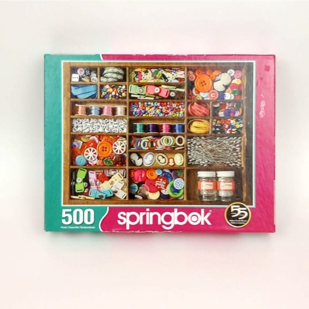 2🧩$18 Springbok 500 Piece Jigsaw Puzzle "The Sewing Box" crafts buttons